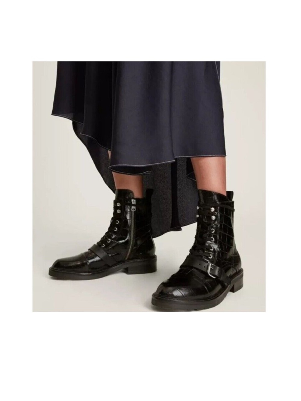 All Saints side zip croc embossed leather combat boots